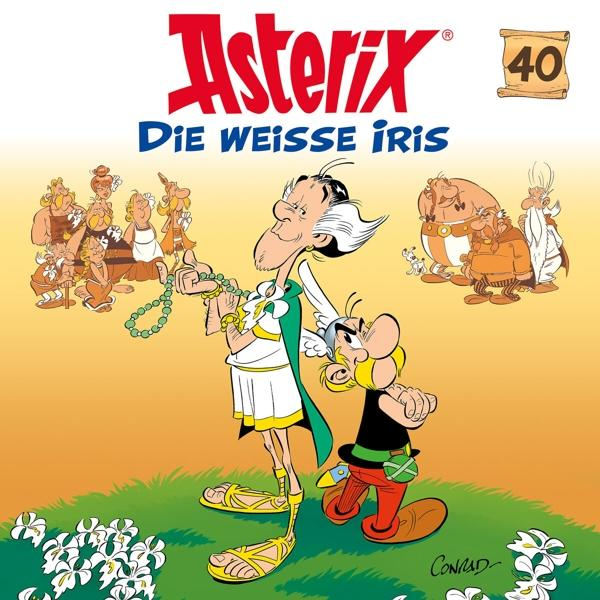 Asterix-Comic-Cover: Asterix und Obelix mit anderen Figuren, weiße Blumen im Vordergrund.