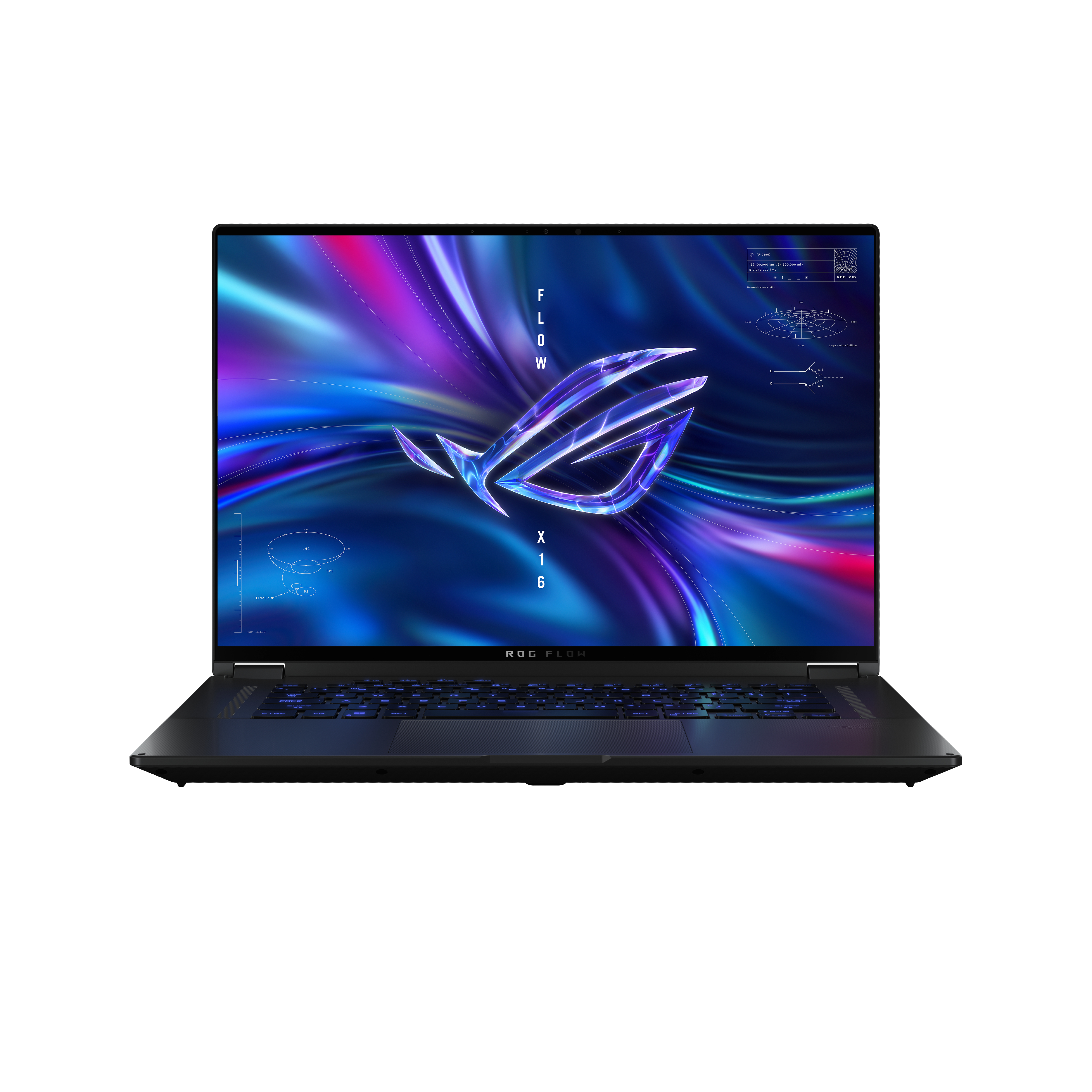 Portátil ROG Flow X16 negro, abierto, mostrando una pantalla vibrante con gráficos y texto.