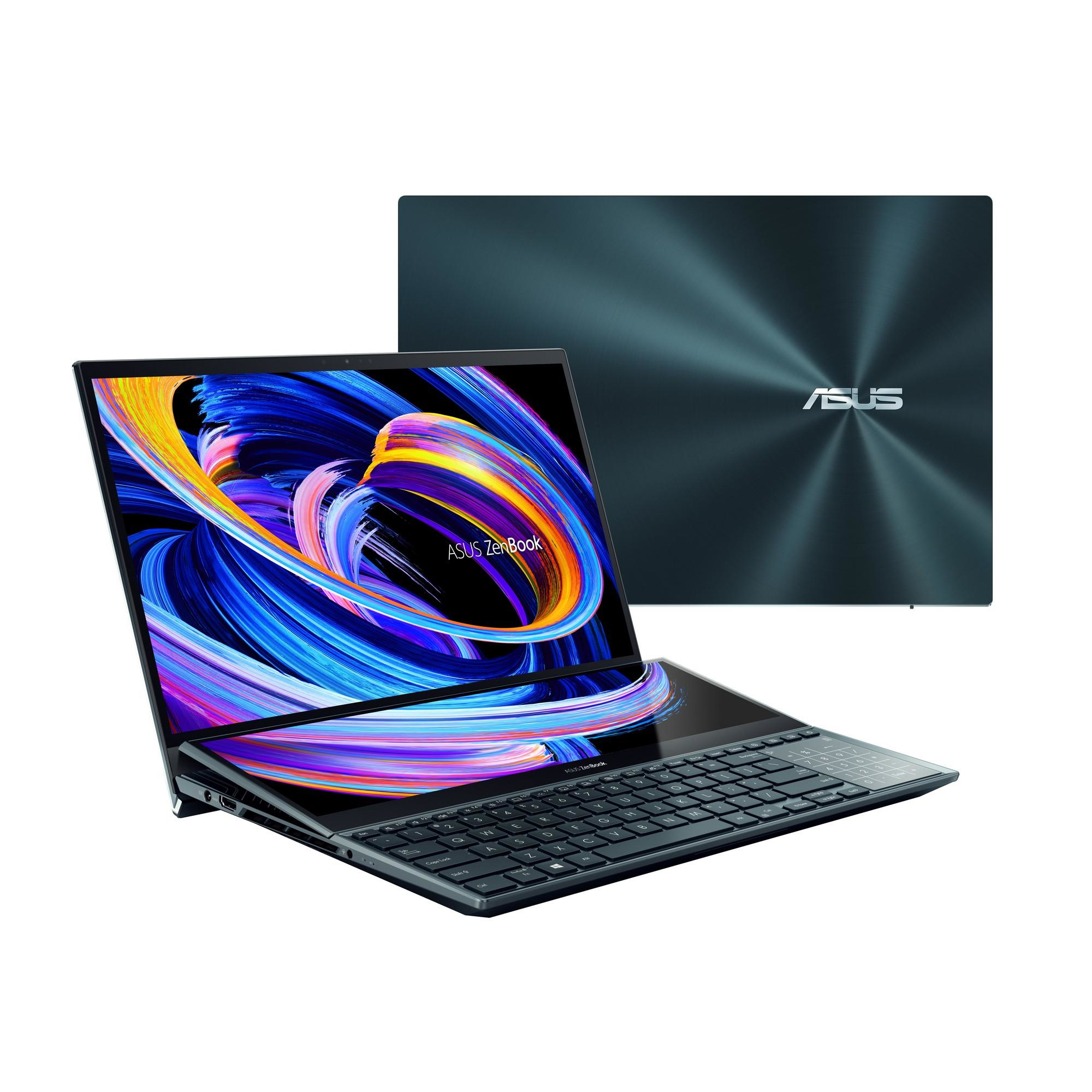 Ordenador portátil con doble pantalla, teclado y una segunda pantalla detrás. El logotipo es visible.