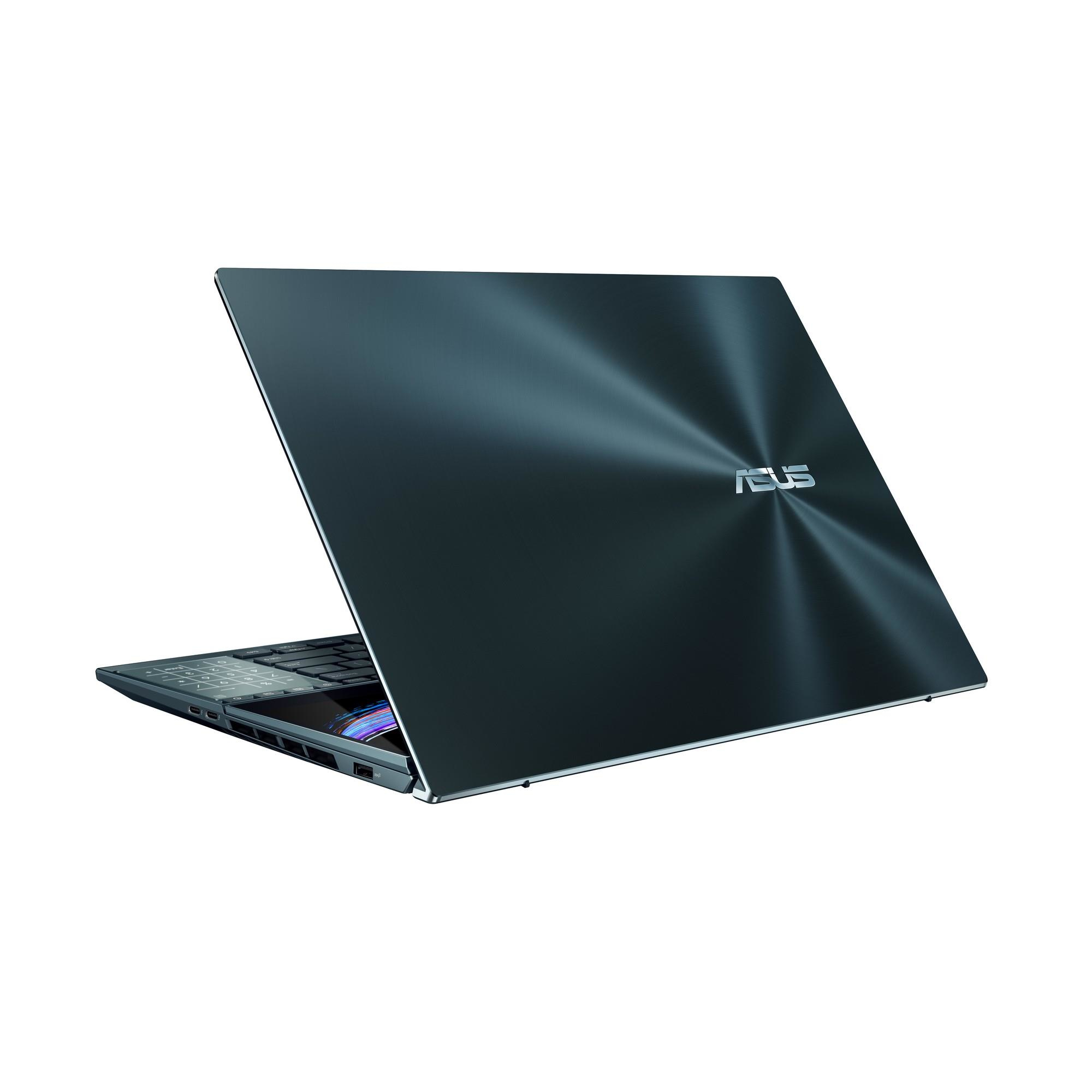 Ordenador portátil azul oscuro con el logotipo de ASUS sobre fondo blanco.