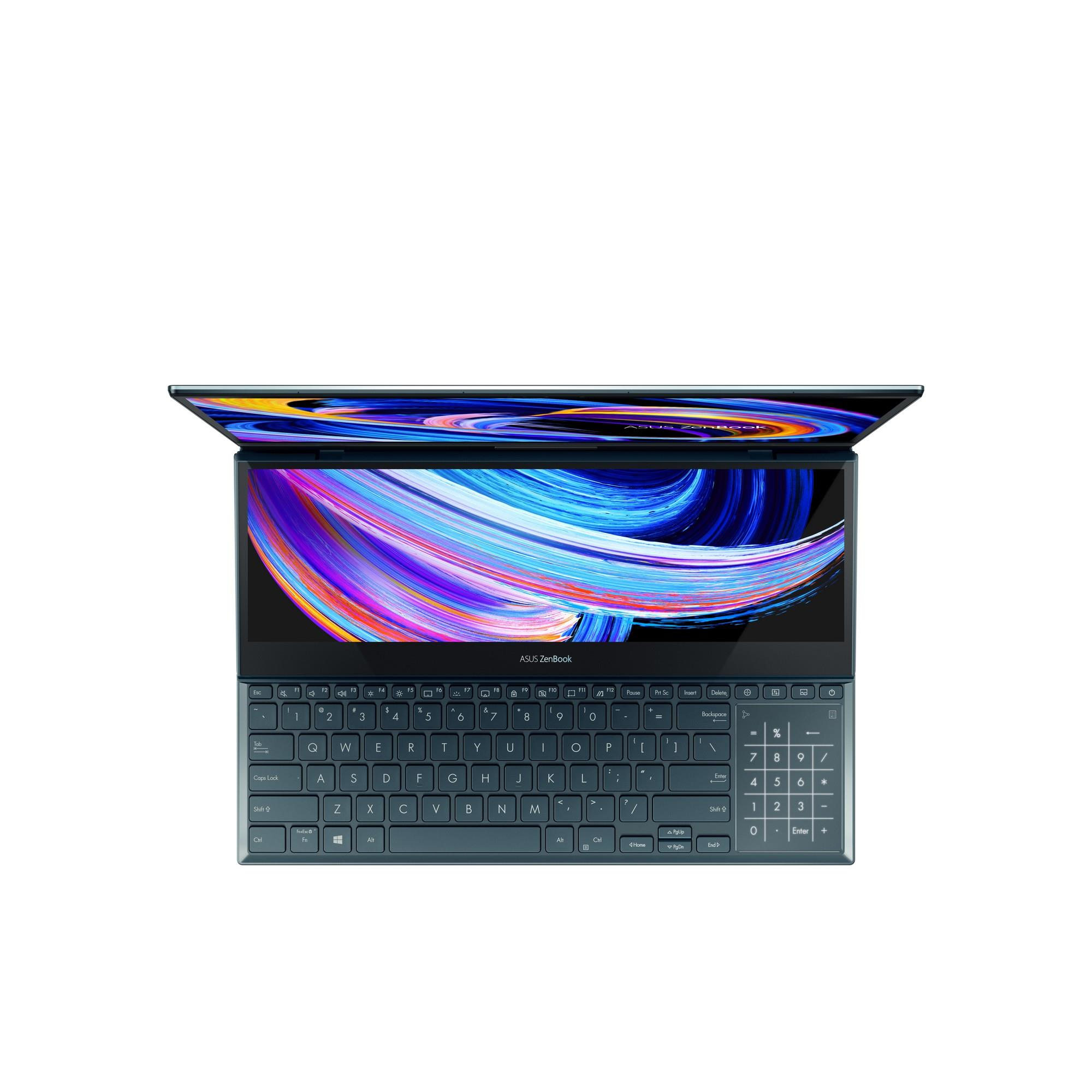 Portátil, abierto, mostrando el teclado y una segunda pantalla. El logotipo de ASUS Zenbook es visible.