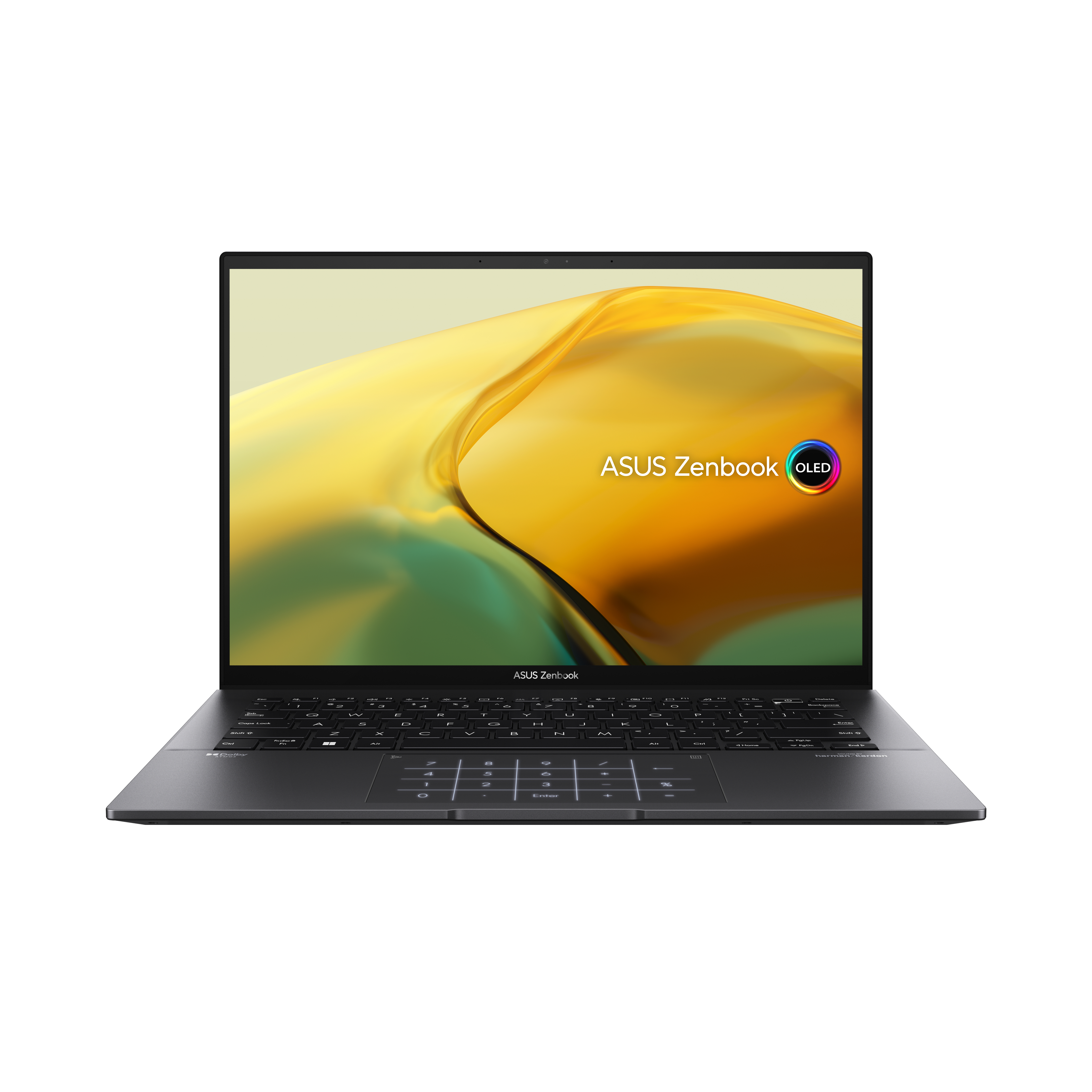 Portátil ASUS Zenbook gris oscuro con pantalla negra y teclado.