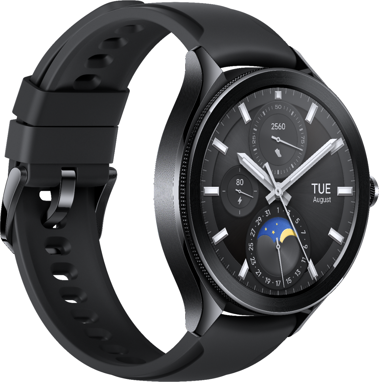 Smartwatch nero con cinturino nero, mostra data e ora. Il quadrante ha una fase lunare.