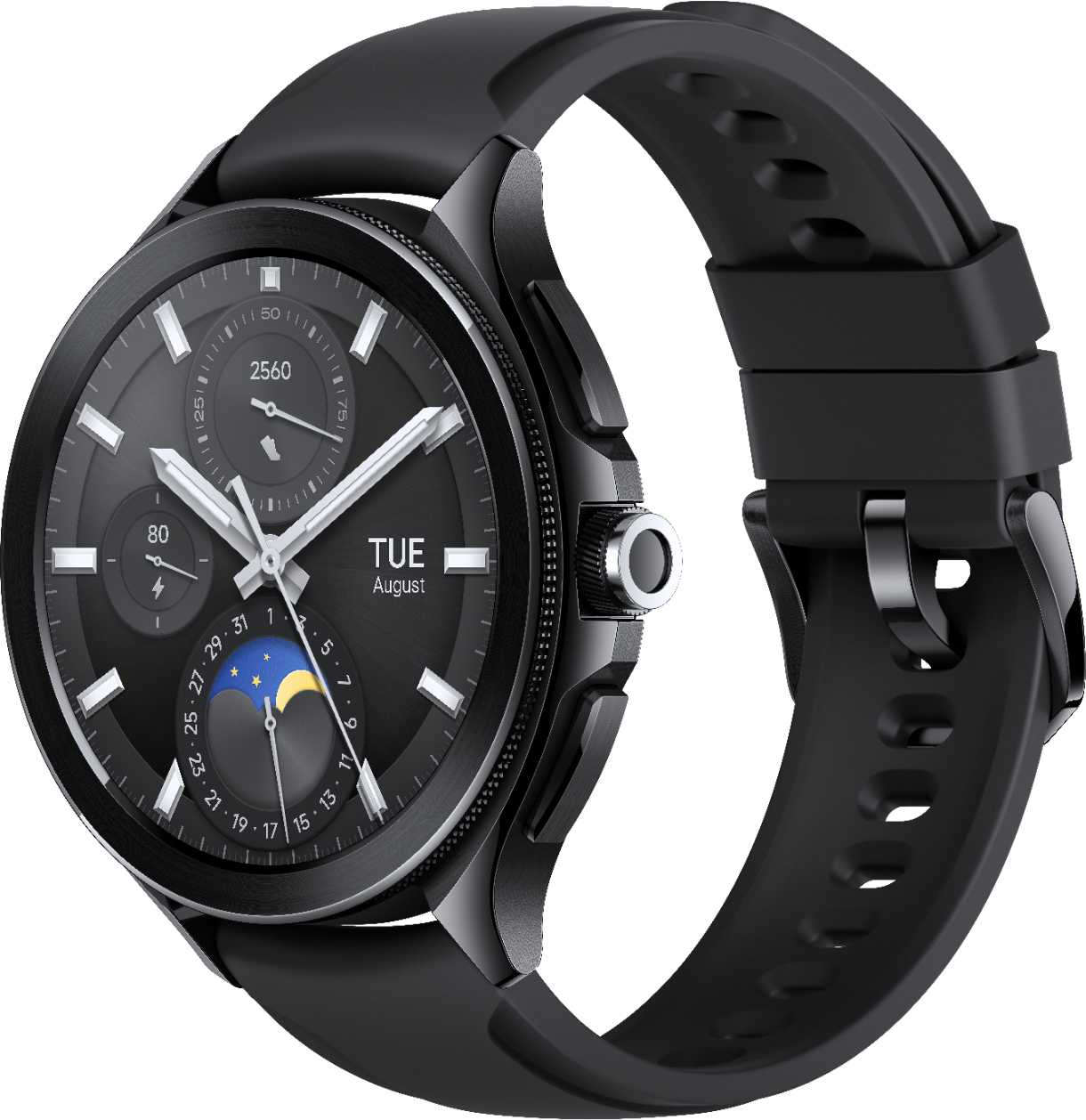 Uno smartwatch nero con quadrante rotondo. L'orologio mostra il giorno, la data e l'ora.