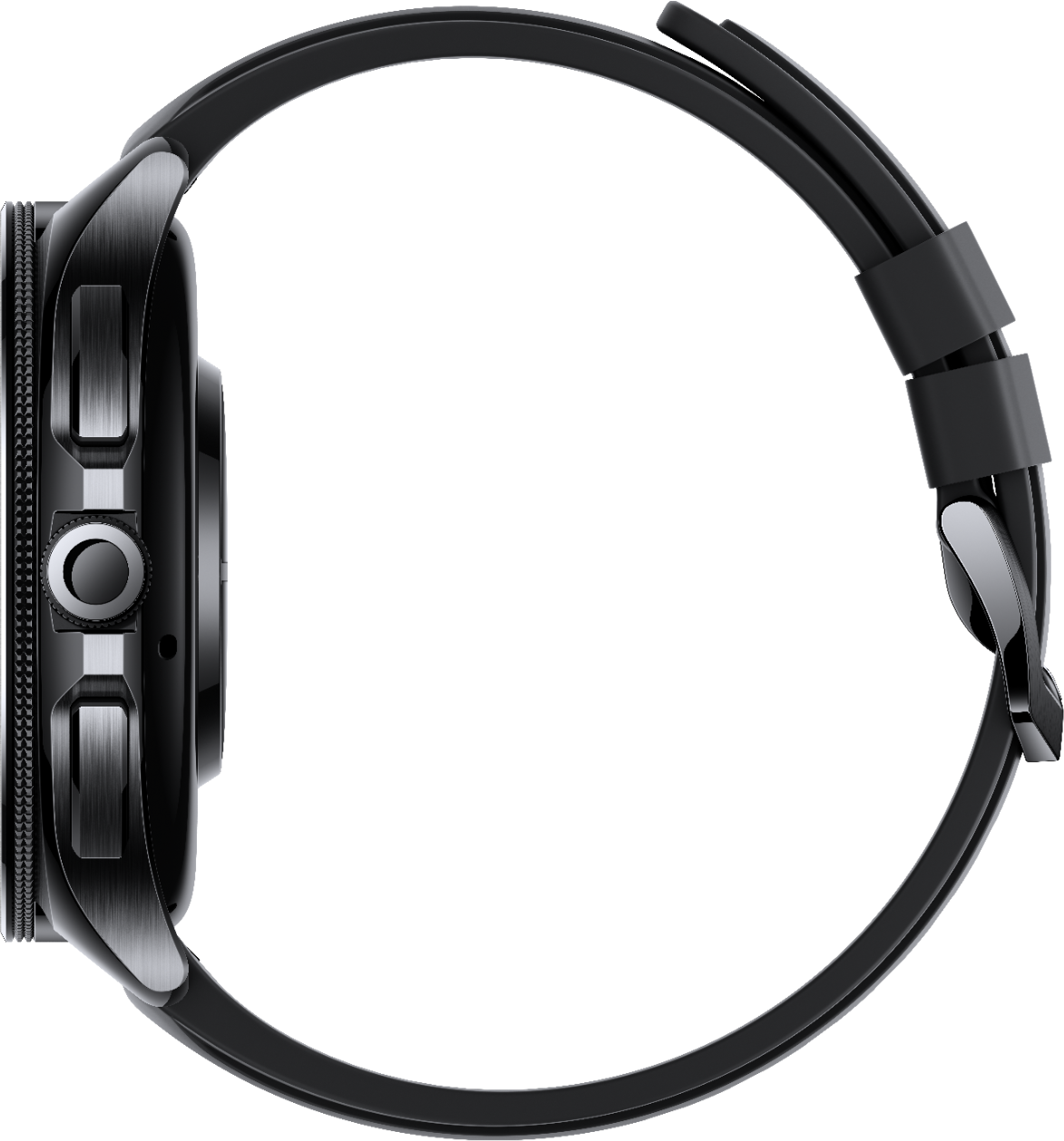 Smartwatch nero di profilo, che mostra pulsanti e cinturino nero su sfondo scuro.