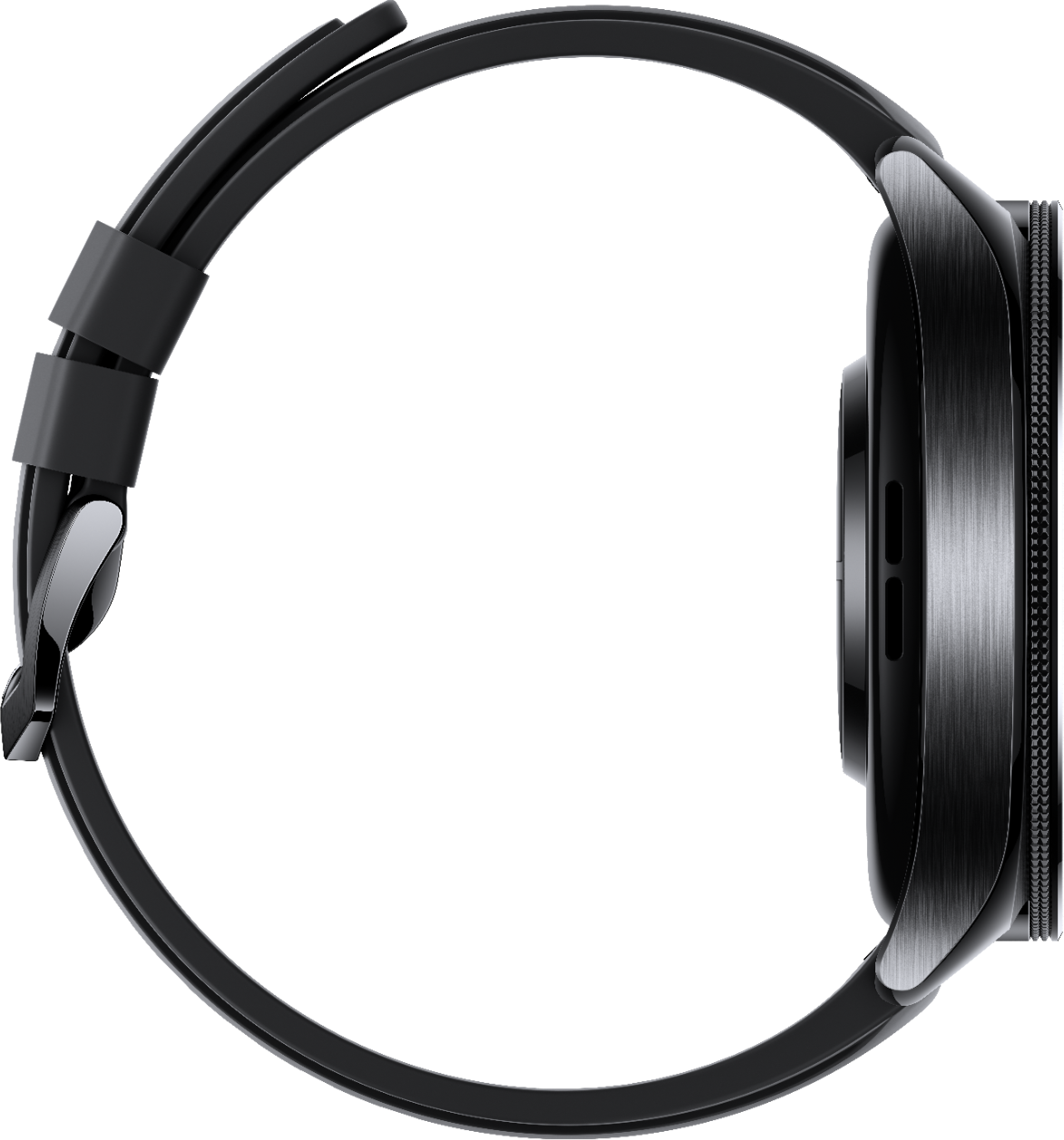 Vista laterale dello smartwatch nero. Cinturino nero, fibbia argentata, quadrante nero con pulsanti.