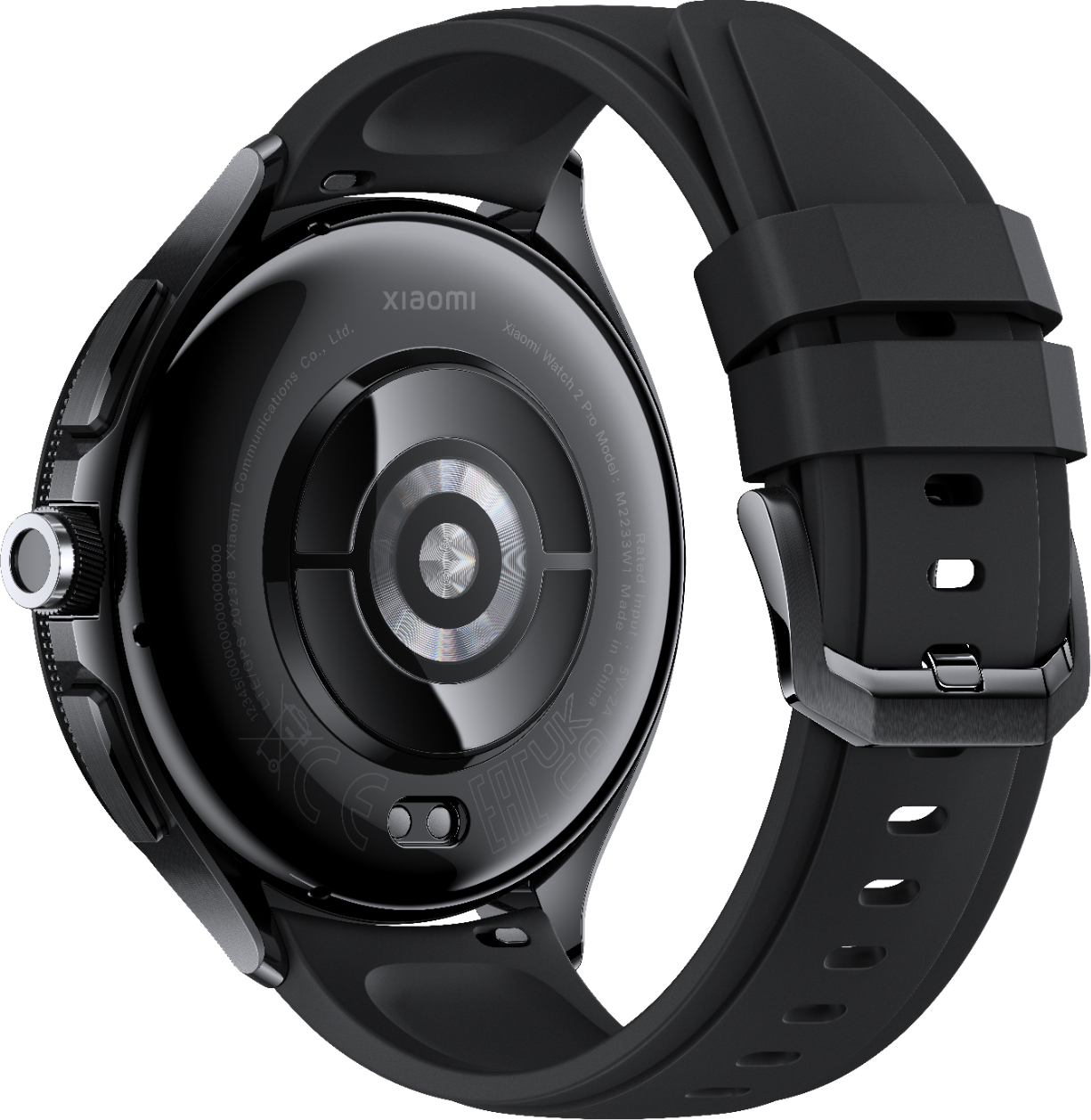 Vista posteriore di uno smartwatch nero, con cinturino nero e dettagli metallici.