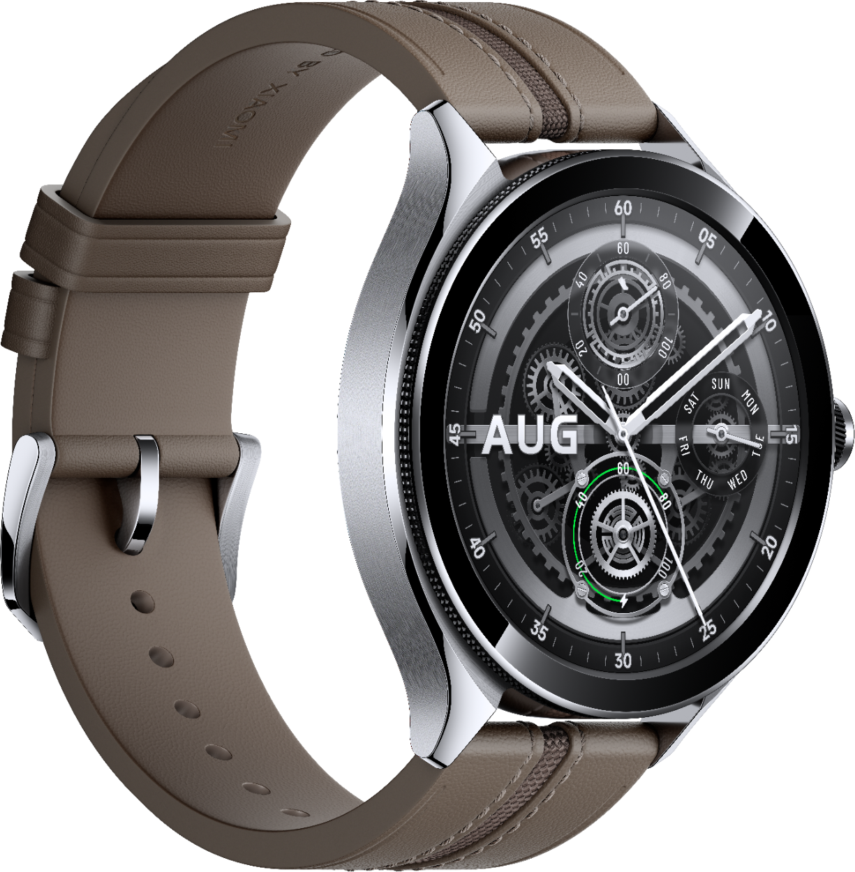 Une montre argentée avec un bracelet marron ; la montre affiche le mois d'août.