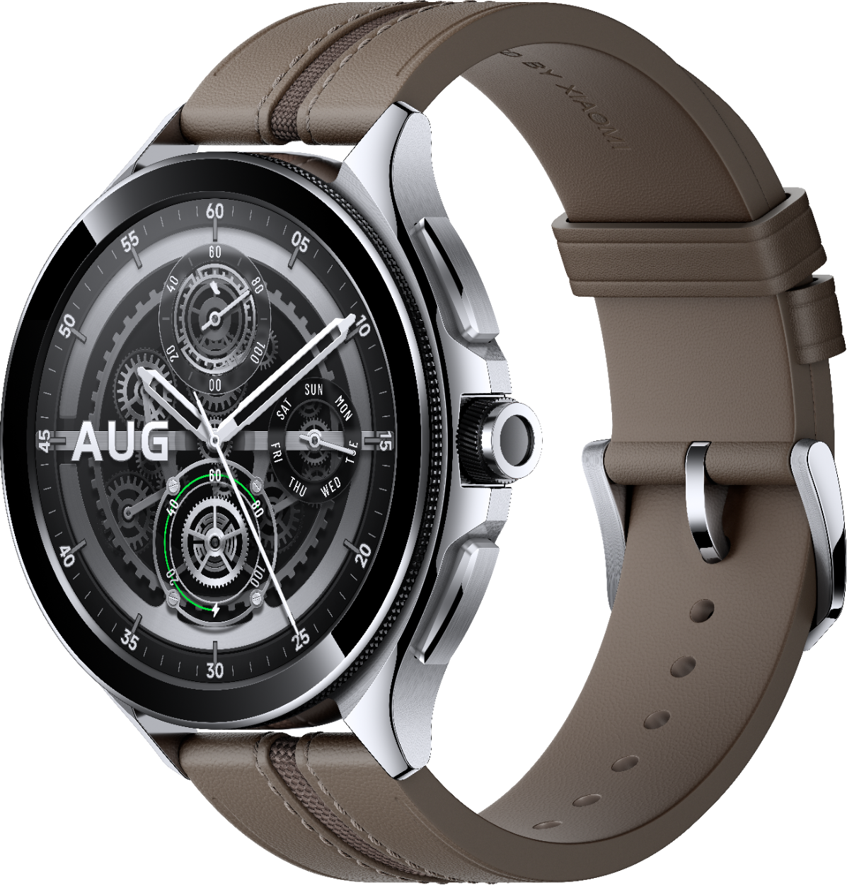 Montre connectée argentée avec bracelet en cuir marron, affichant le mois d'août.
