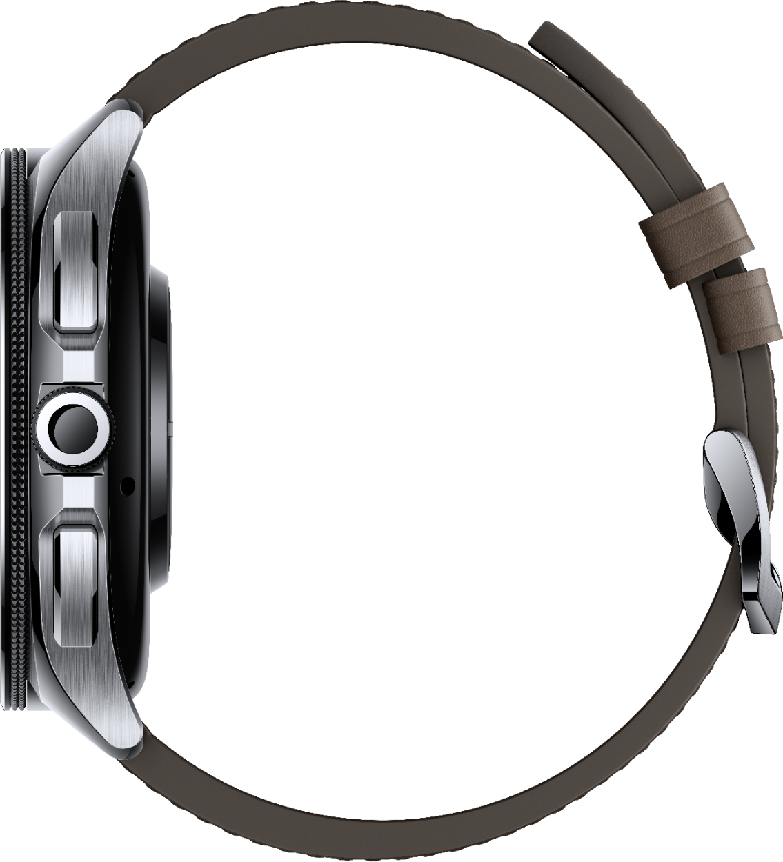 Vue latérale d'une montre connectée argentée avec bracelet en cuir marron.