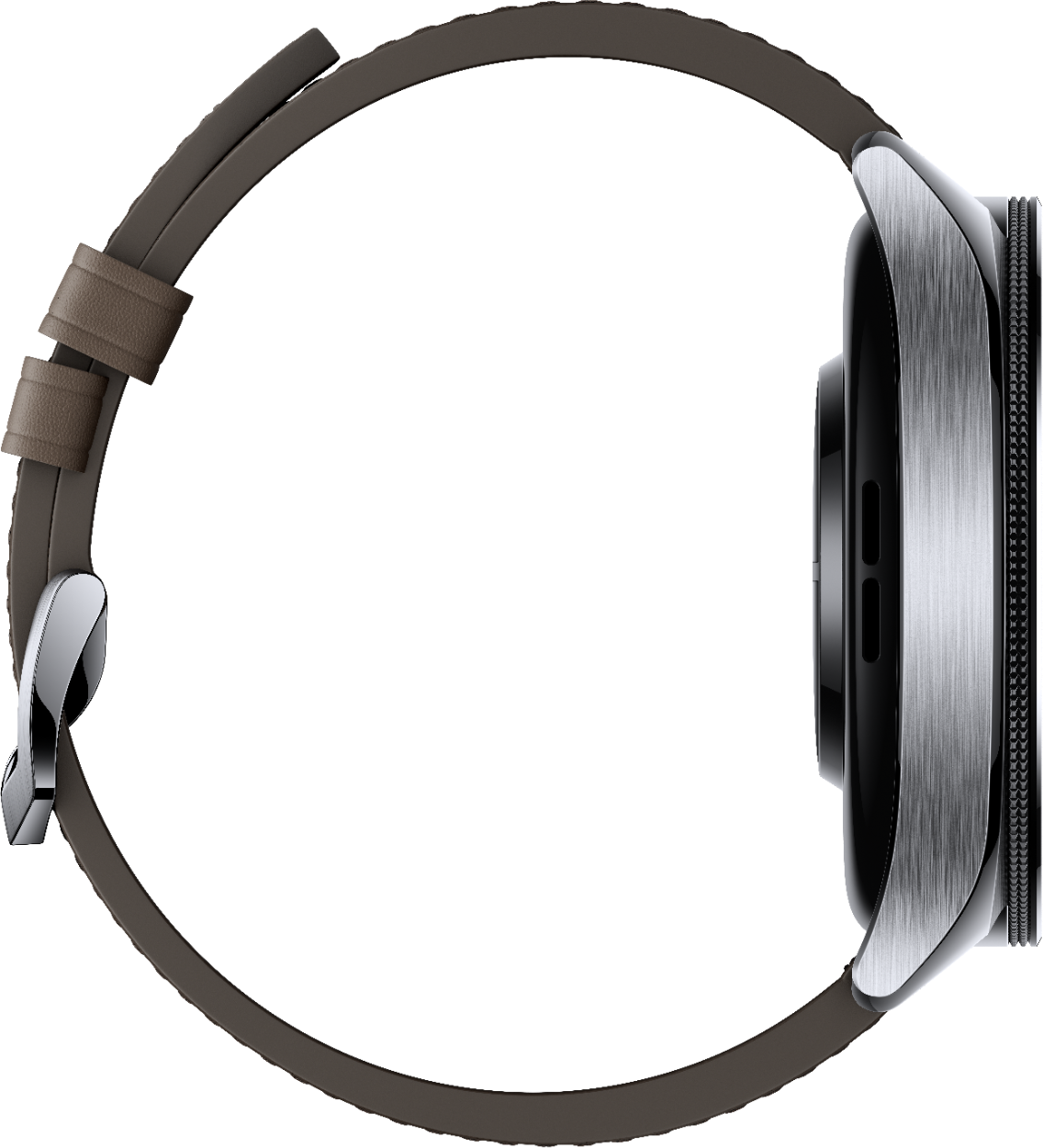 Vue latérale d'une montre connectée argentée avec bracelet en cuir marron. Fond noir.