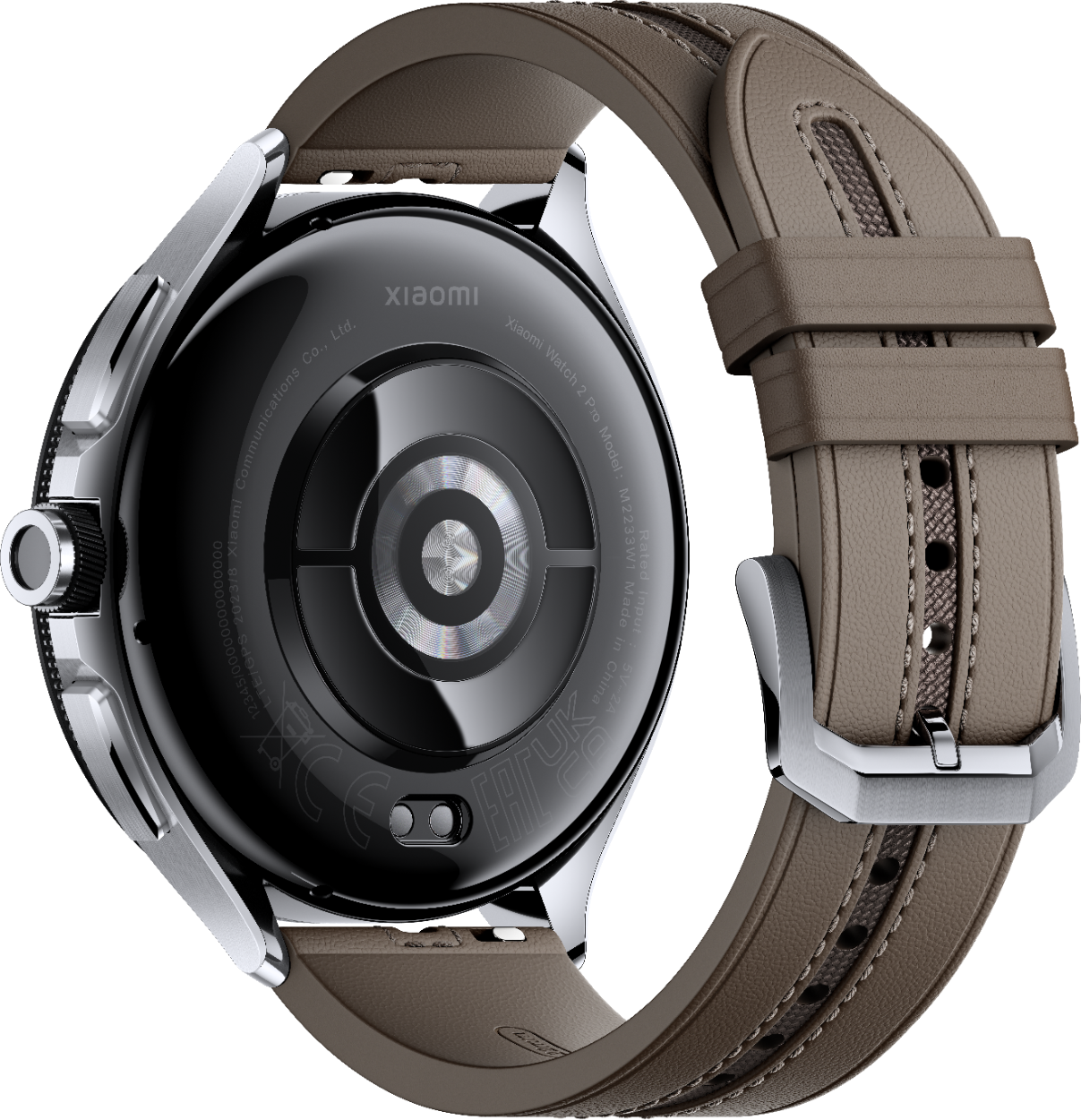 Dos de la montre Xiaomi, bracelet marron, boîtier argenté.