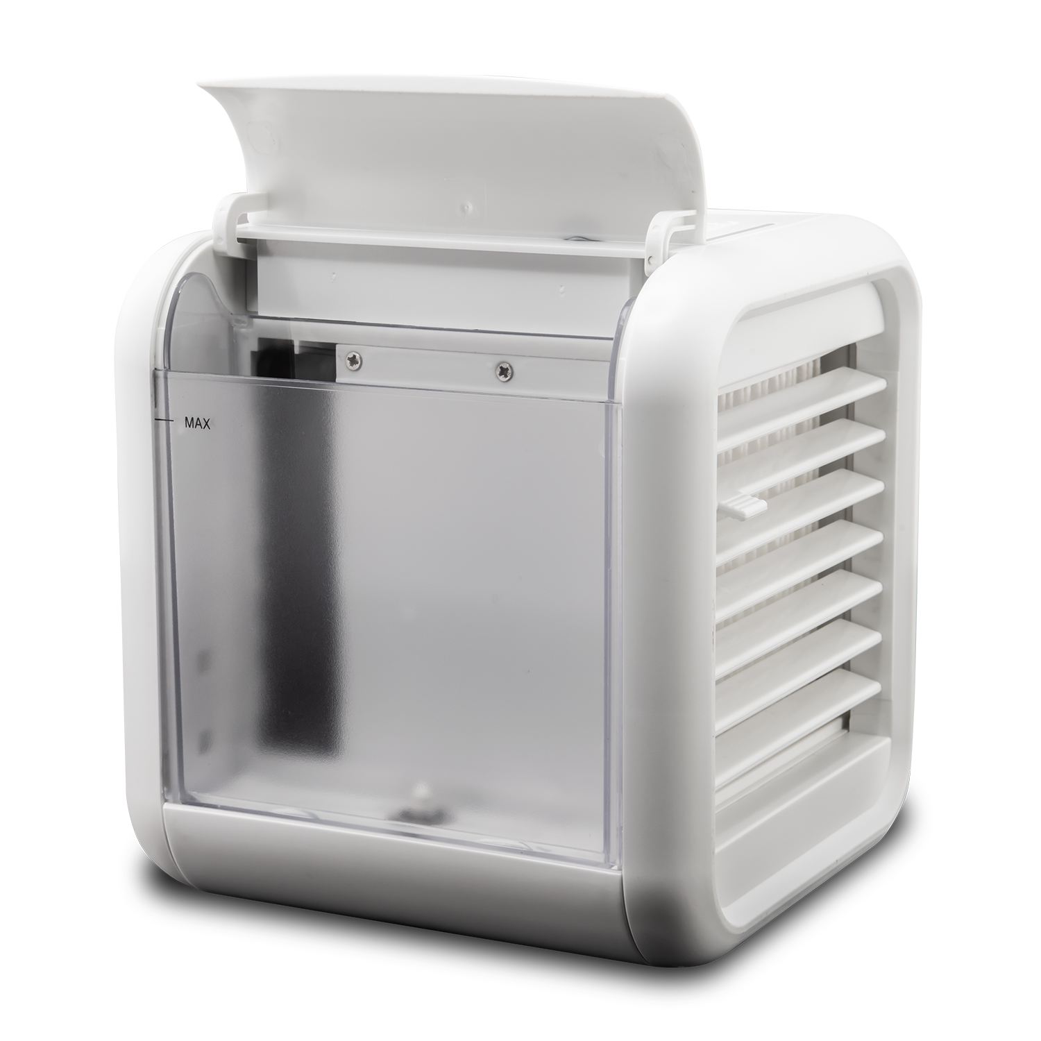 Climatizzatore portatile bianco, parte superiore aperta, serbatoio dell'acqua visibile.