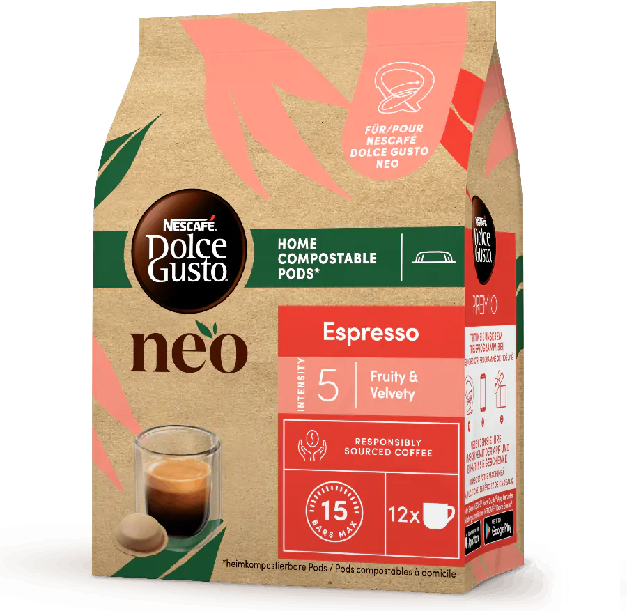Kaffeepackung mit 'Dolce Gusto Neo'-Branding, zeigt eine Kaffeepads und Espressotasse.