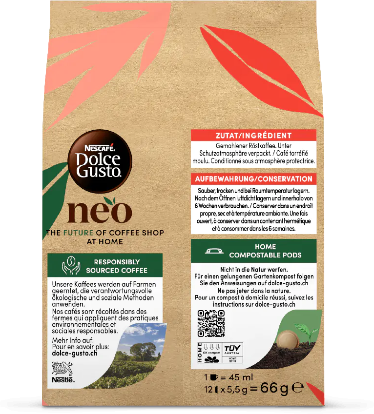 Kaffeeverpackung mit Text und einer Grafik von Kaffeebohnen. Rote und braune Töne.