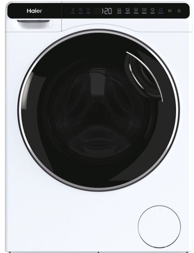 Biała pralka Haier z czarnymi okrągłymi drzwiami. Posiada wyświetlacz cyfrowy i przyciski sterowania.