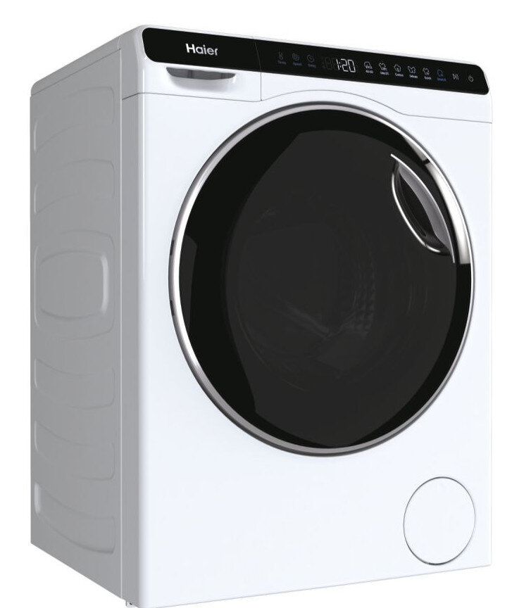 Biała pralka Haier, czarne drzwi i panel sterowania z wyświetlaczem cyfrowym.