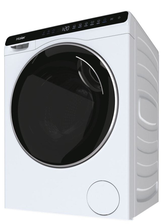 Biała pralka z czarnymi drzwiami. Widoczny wyświetlacz cyfrowy.