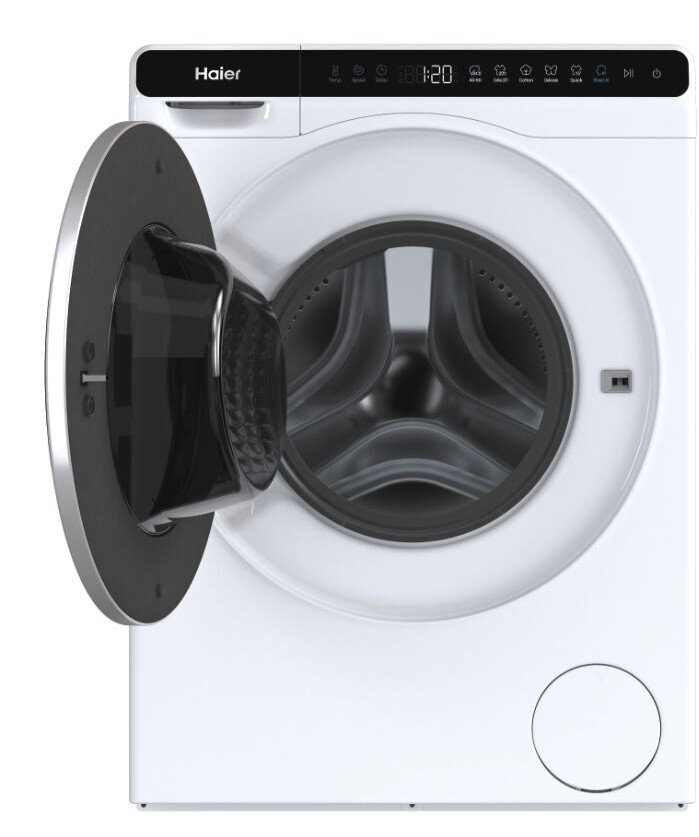 Biała pralka Haier z otwartymi drzwiami.