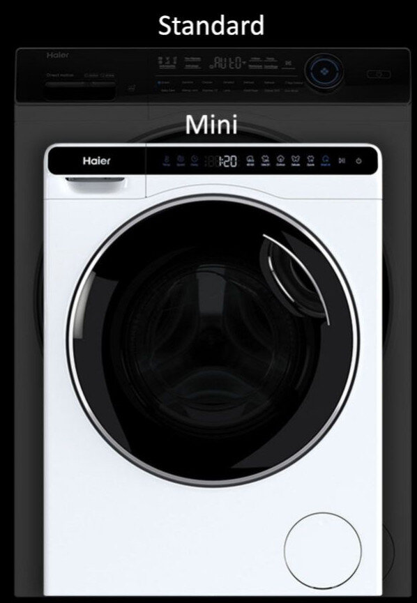 Pralka, wersje standardowe i mini, obok siebie.