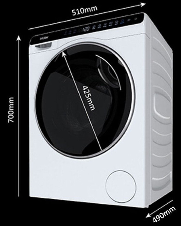 Biała pralka, wymiary: 700mm x 490mm x 510mm, z drzwiami.