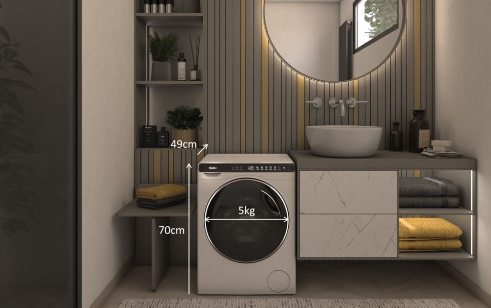 Pralka w łazience. Wymiary są wskazane za pomocą tekstu.