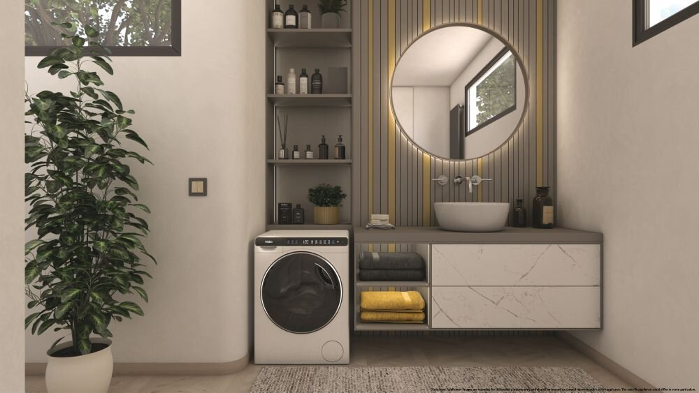 Wnętrze łazienki z pralką, lustrem, półkami i rośliną. Neutralne kolory, nowoczesny design.