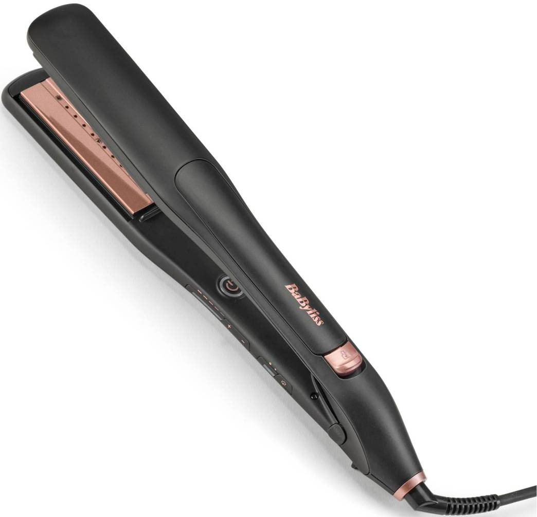 Schwarzer Haarglätter mit roségoldenen Platten, weißer Hintergrund. Markenname ist sichtbar.