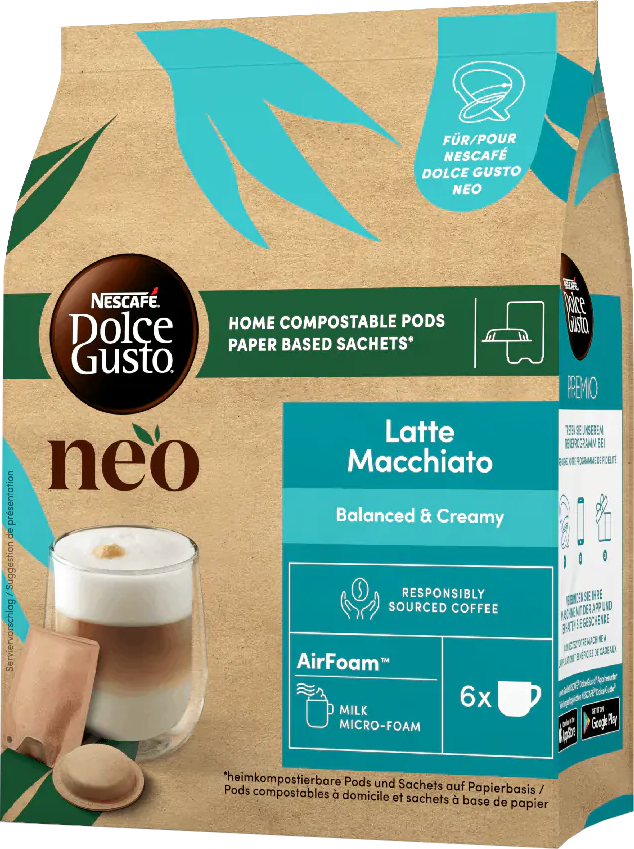 Confezione Nescafe Dolce Gusto neo. Borsa beige con testo Latte Macchiato e illustrazioni di caffè.