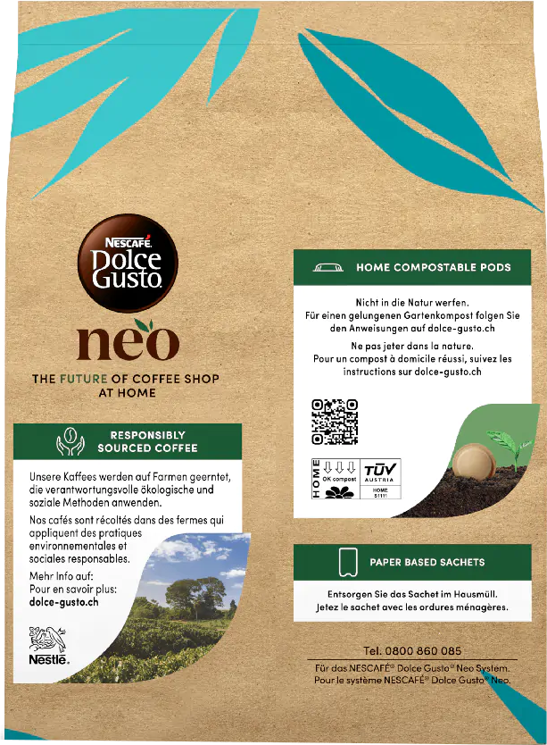 Un sacchetto di caffè con testo e immagini. Un cartello dice "Caffè da fonti responsabili".