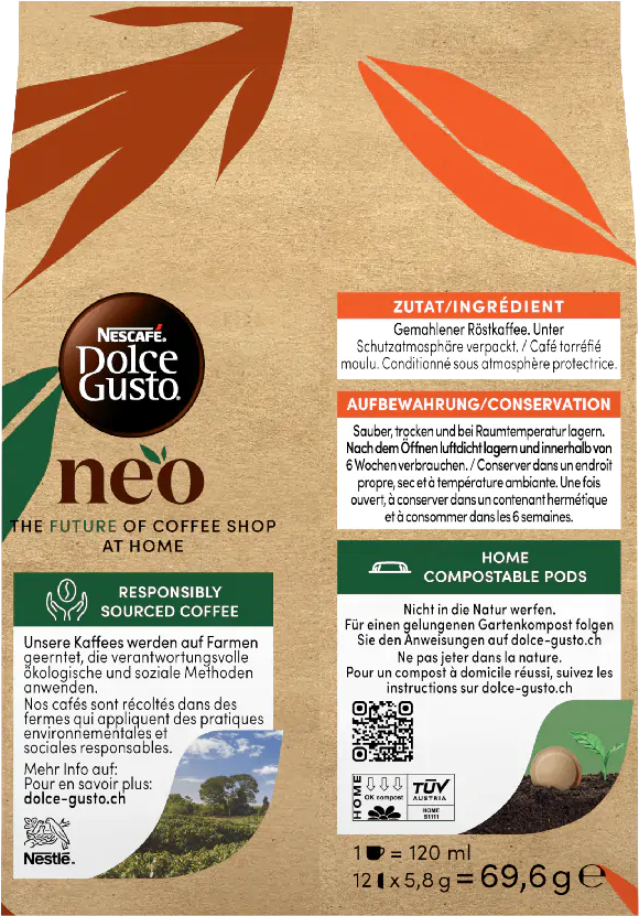 Die Rückseite einer Kaffeeverpackung. Sie enthält Text und Bilder sowie Produktinformationen.