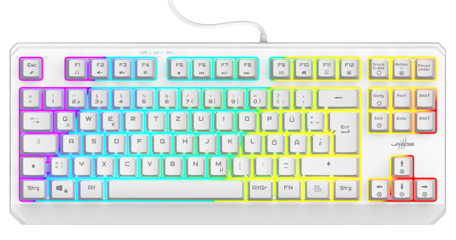 Fehér gamer billentyűzet színes LED-es lámpákkal. A billentyűzeten sok gomb található.