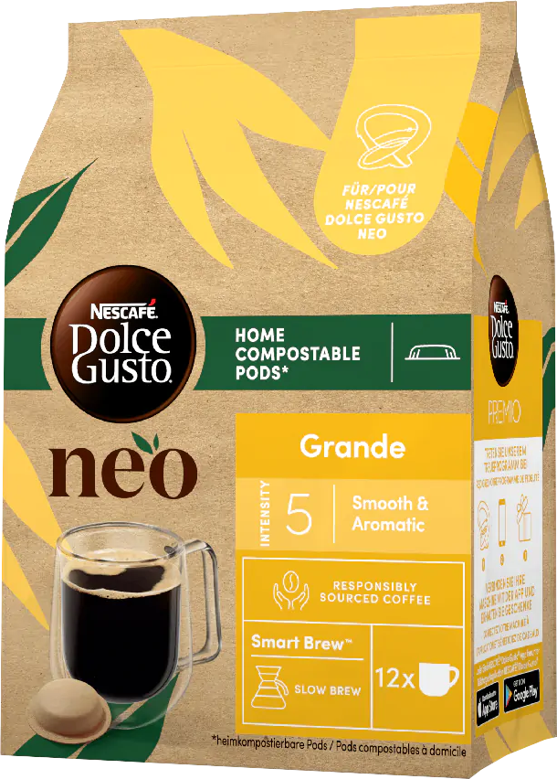 Eine Kaffeeverpackung mit einer Tasse Kaffee, der Text lautet 'Grande' und 'Smooth & Aromatic'.