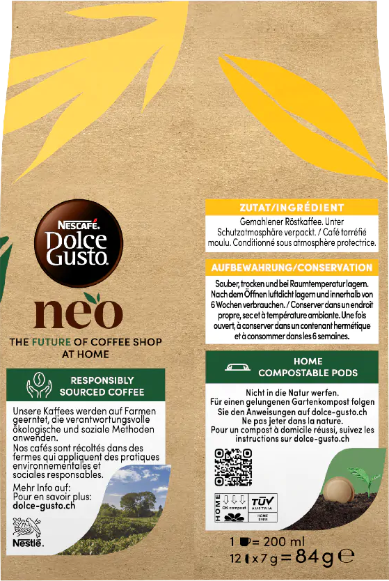 Eine Produktverpackung mit Text in mehreren Sprachen, einschließlich Informationen über Kaffee.
