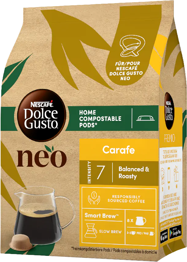 Kaffeepads-Verpackung mit einem Kaffeetassen-Bild, in Braun- und Gelbtönen.