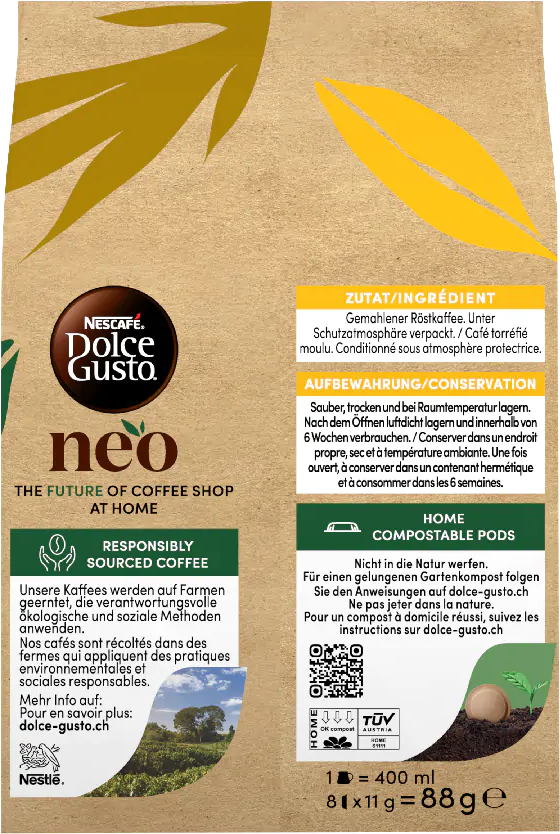 Kaffeepads-Verpackung mit Produktdetails, Logos und einem Bild einer kompostierbaren Kapsel.