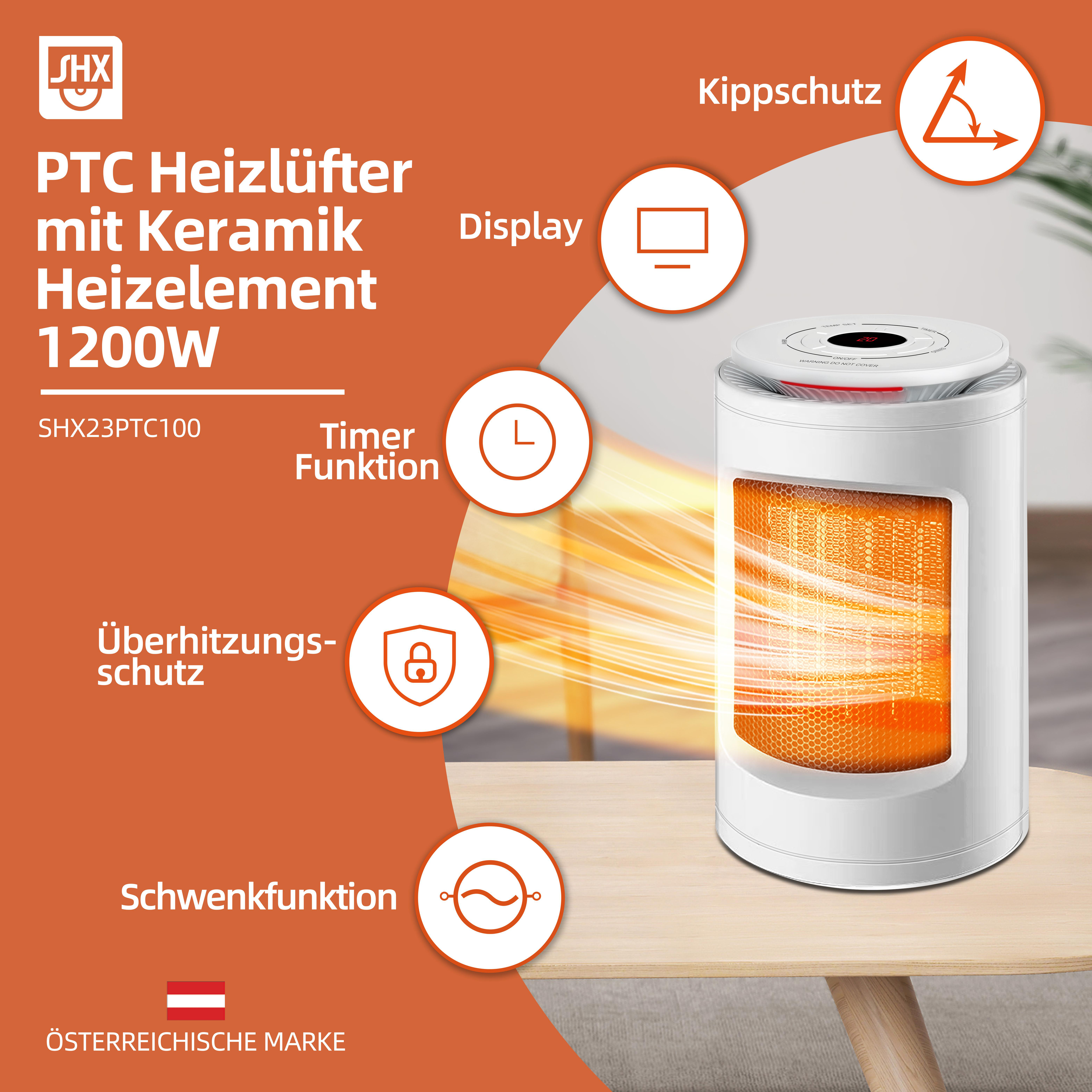 Weißer Heizlüfter mit orangefarbenem Heizelement auf einem Holztisch. Textkennzeichnungen zeigen Funktionen.