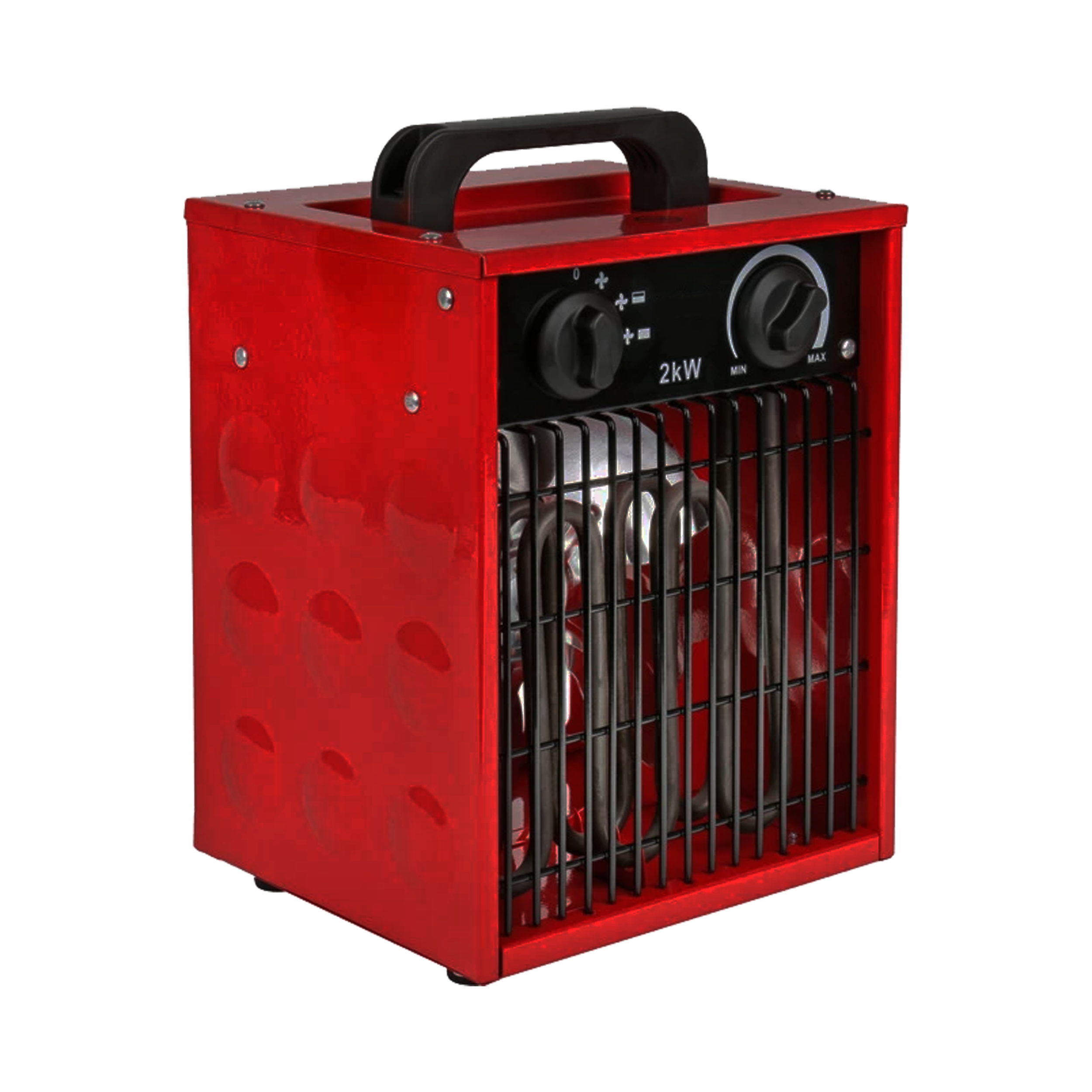 Roter Elektroheizer mit Griff, Bedienelementen und Metallgitter.