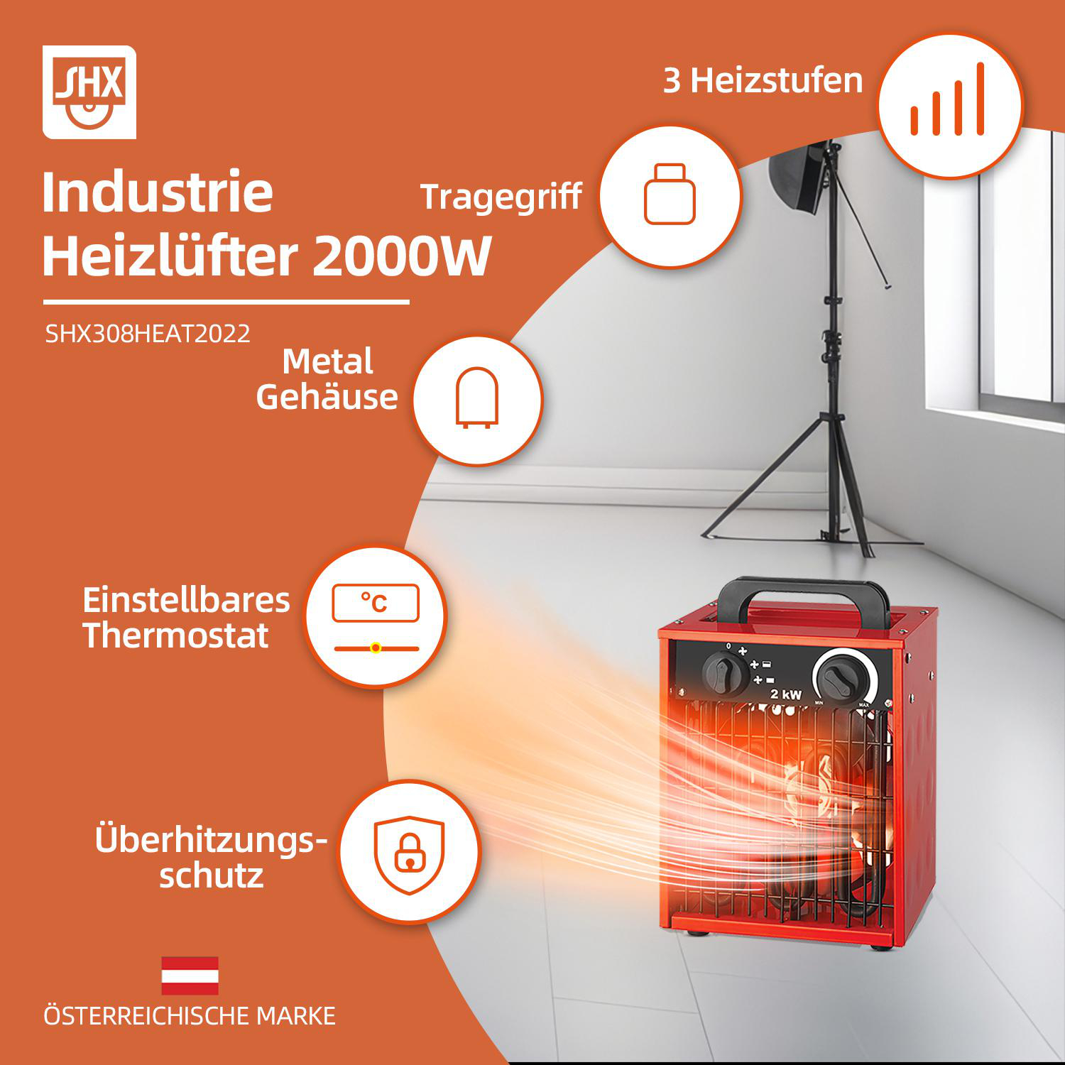 Roter Industrieheizer. Text mit Funktionen, österreichisches Markenlogo und ein Lichtstativ.