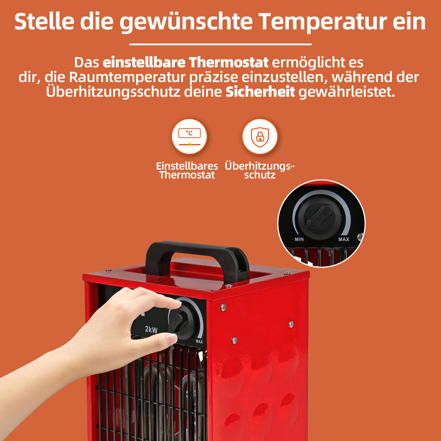 Roter Elektroheizer mit einer Hand, die einen Knopf dreht, mit Text auf Deutsch.