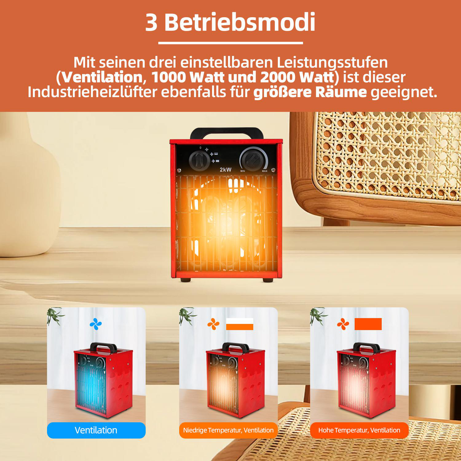 Ein roter Elektroheizer mit drei Betriebsmodi, die darunter angezeigt werden.