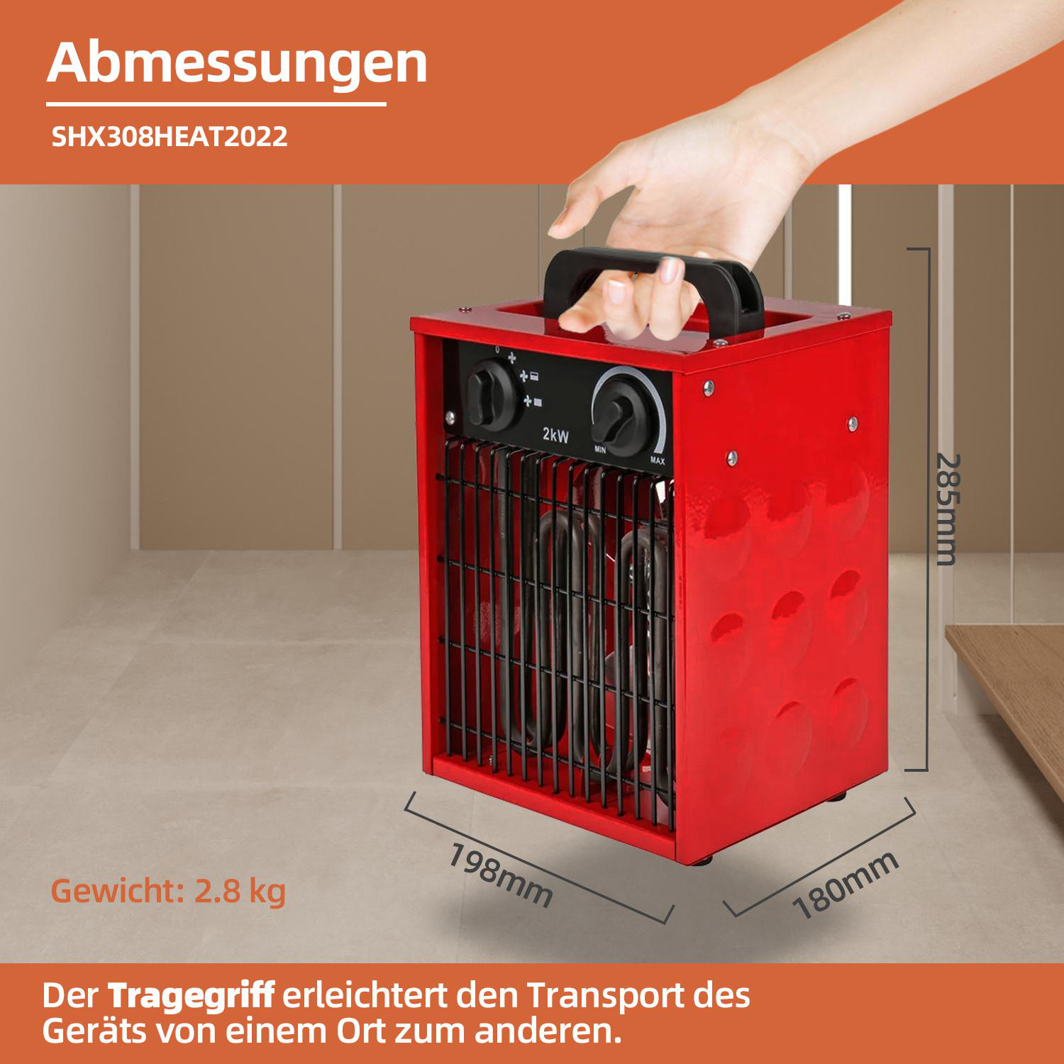 Roter Elektroheizer mit Maßangaben. Hand, die den Griff hält. Text auf Deutsch.