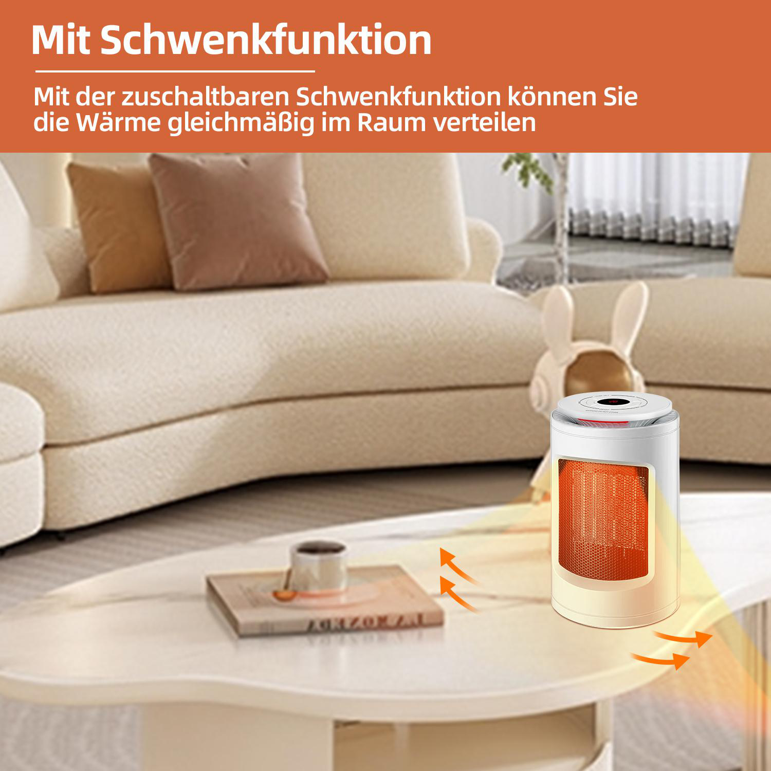 Weißer Heizlüfter, der orangefarbenes Licht auf einem weißen Tisch in einem Raum mit Sofa und Kissen abgibt.