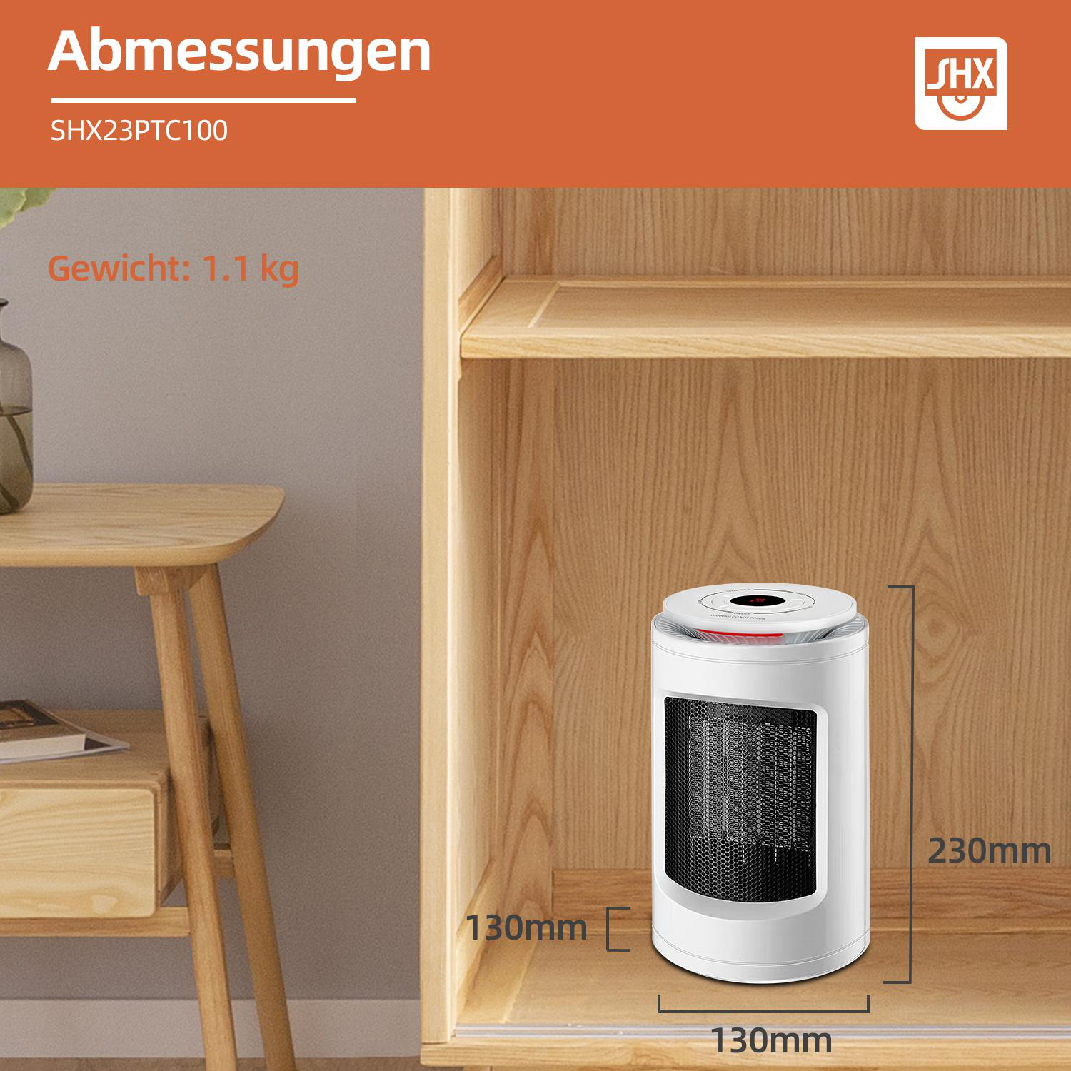 Ein weißer Heizlüfter mit angezeigten Abmessungen, vor einem Holzschrank.