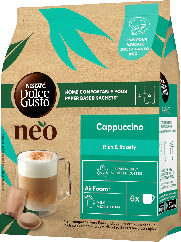 Confezione di capsule cappuccino Nescafe Dolce Gusto Neo, con illustrazione della tazza di caffè.