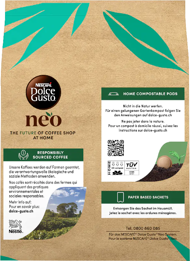 Confezione di caffè con testo e immagini, che mostra il marchio e informazioni sulle cialde compostabili.