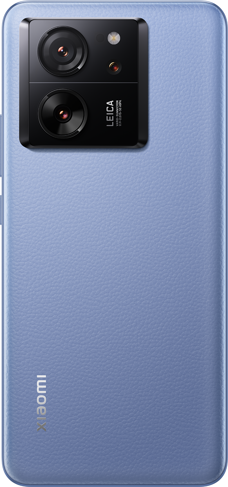 Kék telefon két hátlapi kamerával és Leica logóval. A telefon texturált hátlappal rendelkezik.