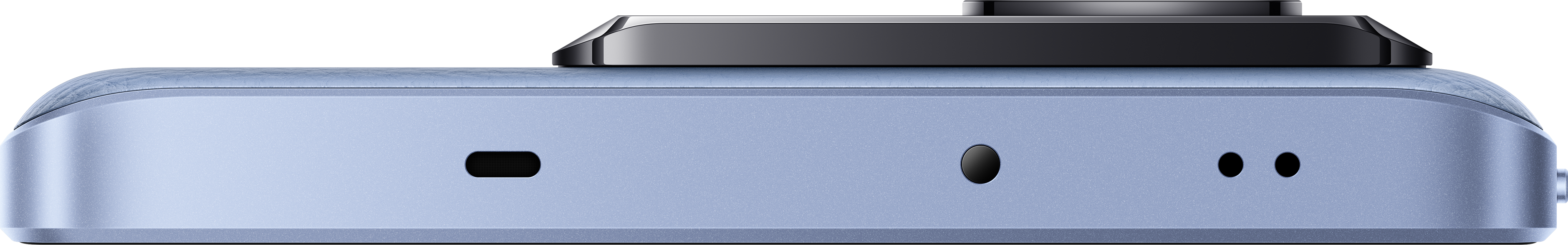 Világoskék telefon aljának közeli képe. USB port, mikrofon és két hangszóró lyuk.
