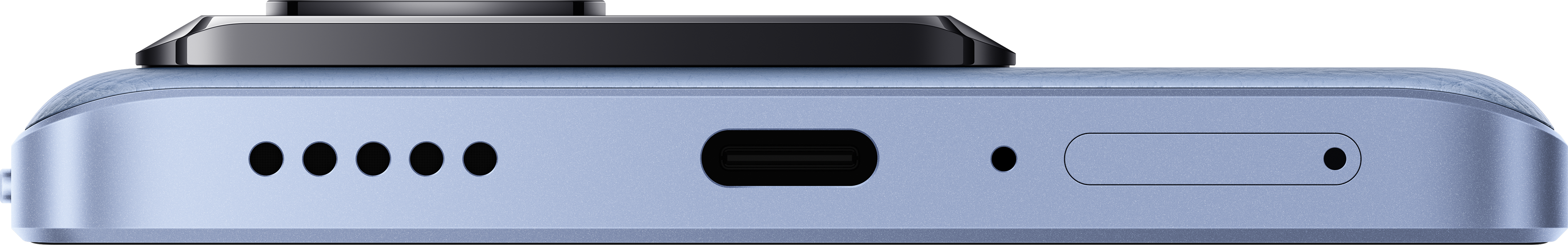 Az okostelefon alja. Mikrofon lyukak, USB-C port és hangszórók közelről.