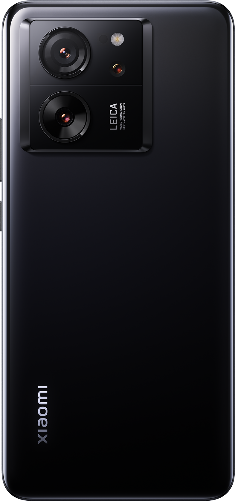 Egy fekete Xiaomi telefon hátulja, két Leica kamerával és Xiaomi logóval.